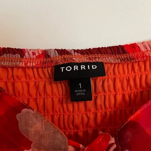 Torrid Size 1 Reddish Orange Cotton Clip Dot Lace Up Smocked Midi Dress - Picture 7 of 8